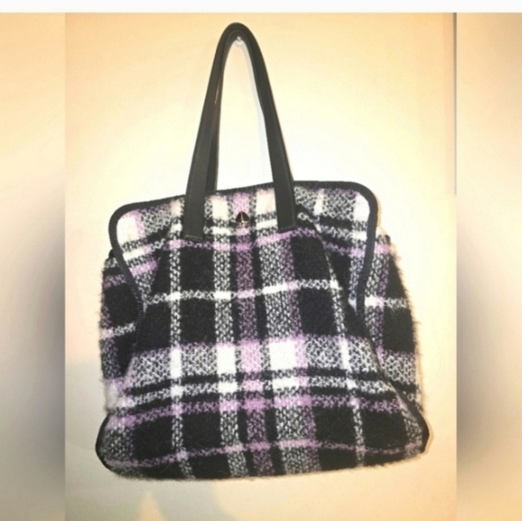 🍂🍁RARE Kate Spade New York Black/Lavender/Ivory Plaid Large Morley Tote Bag - Picture 2 of 6